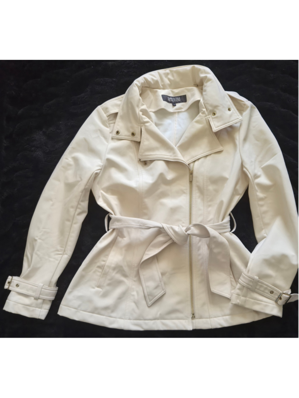 Kenneth Cole Reaction Womens L White Belted Moto Jacket Zip Trench Coat
